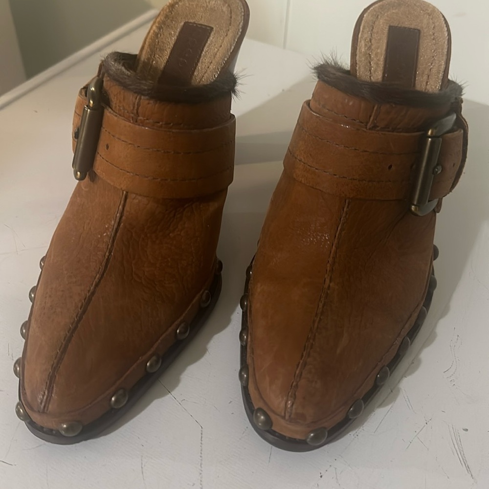 Apepazza Leather Upper Studded Fashion Mule Clogs Block Heel brown Size 7.5